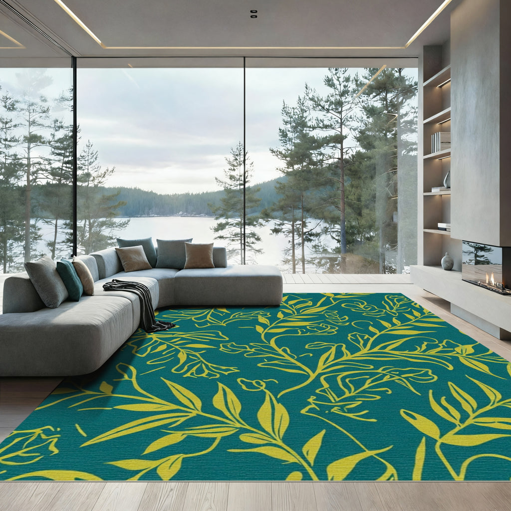 Teal Yellow Botanical Branch Overlay Rug