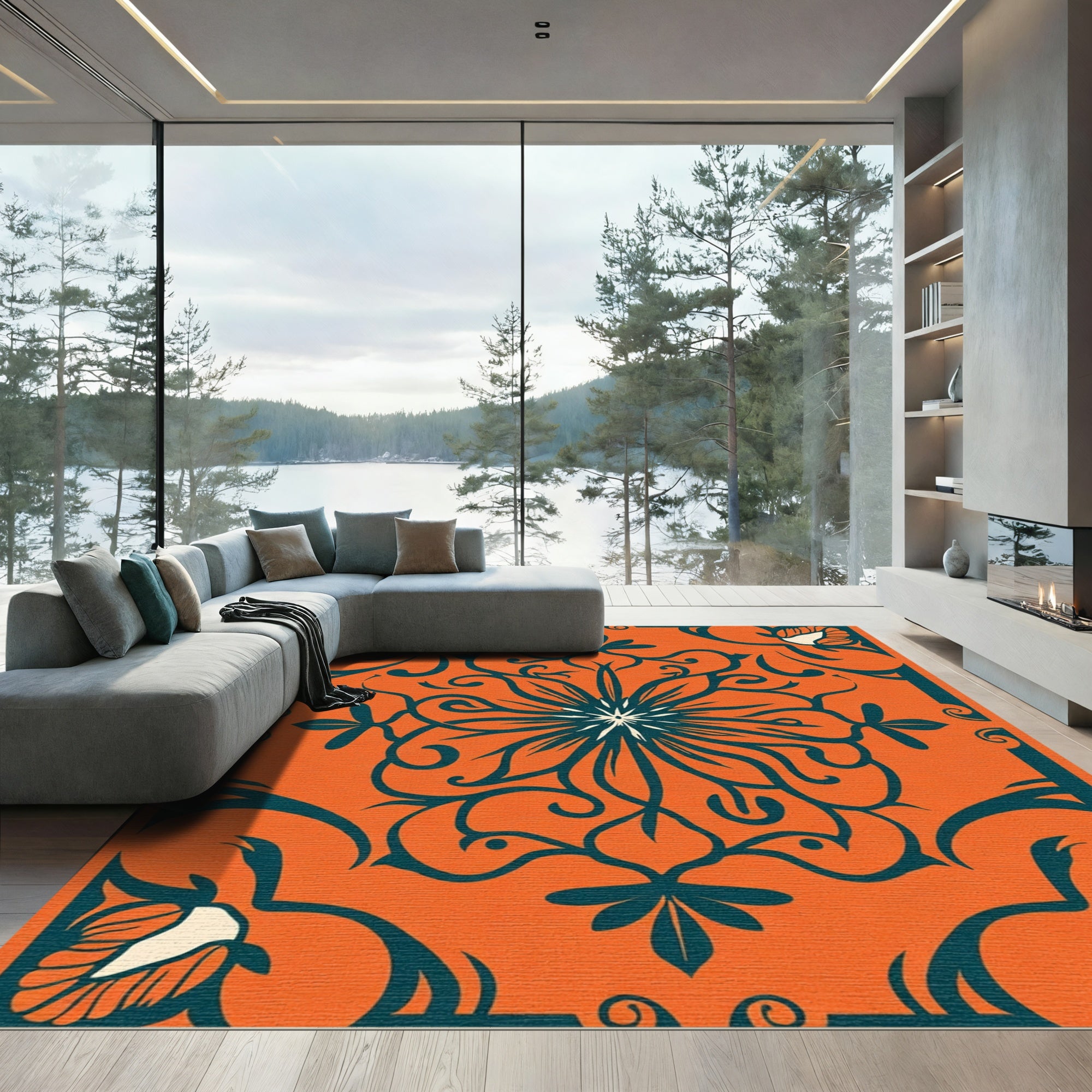 Orange Teal Floral Medallion Rug