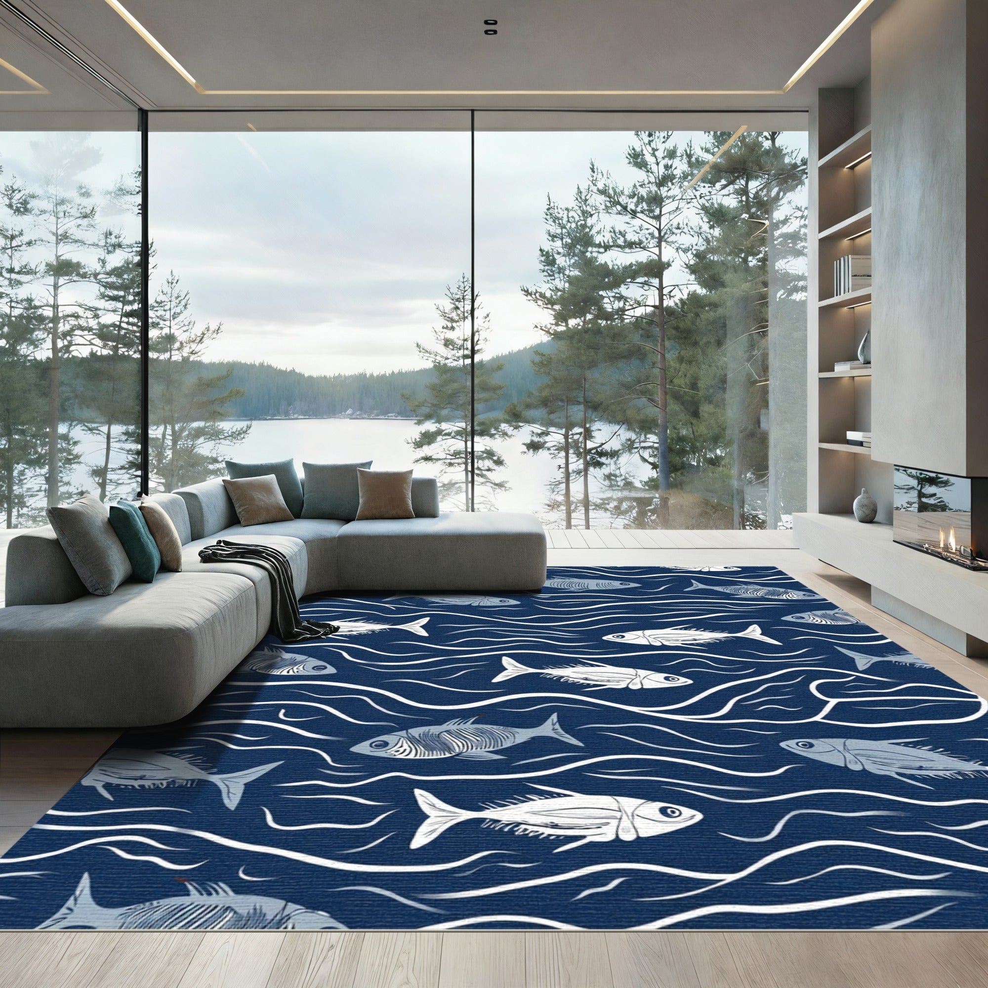 Marine Blue Fish School Waves Rug