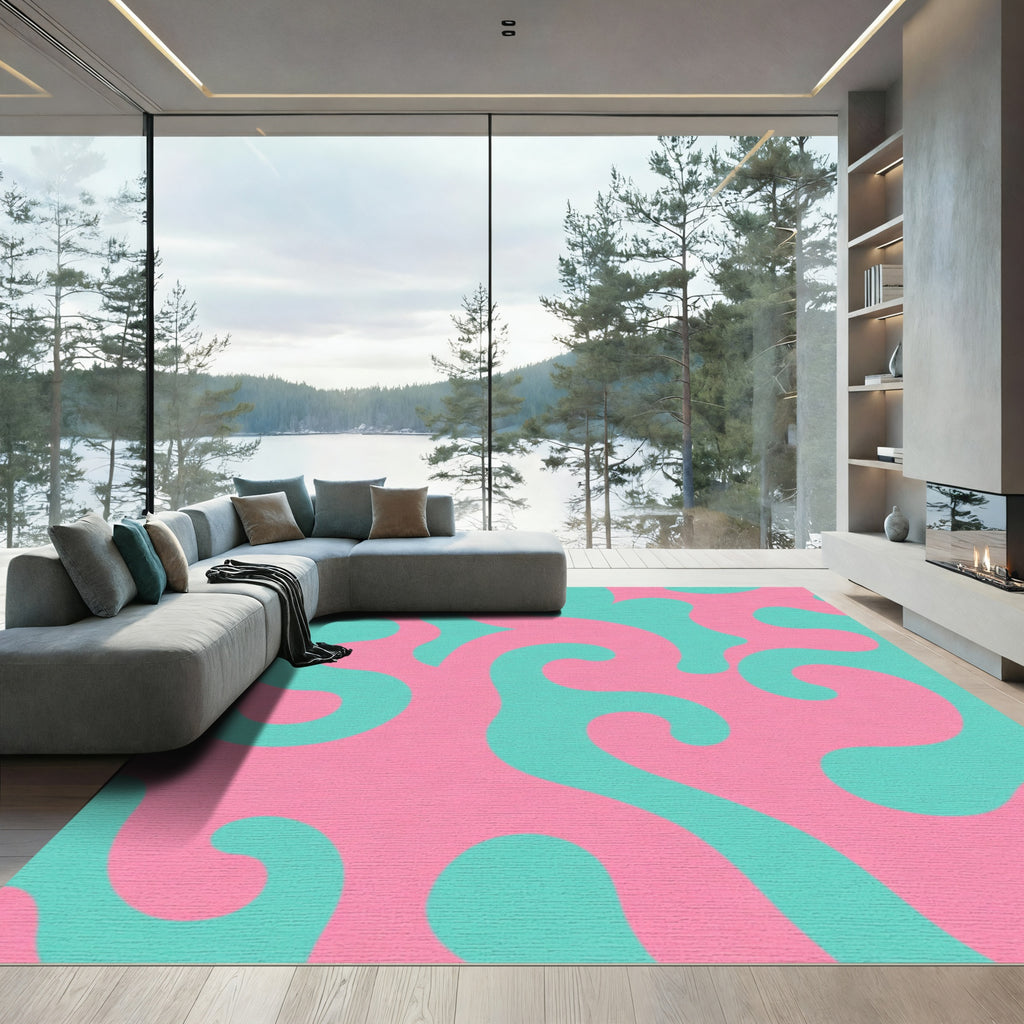 Abstract Swirl Aqua Pink Organic Rug