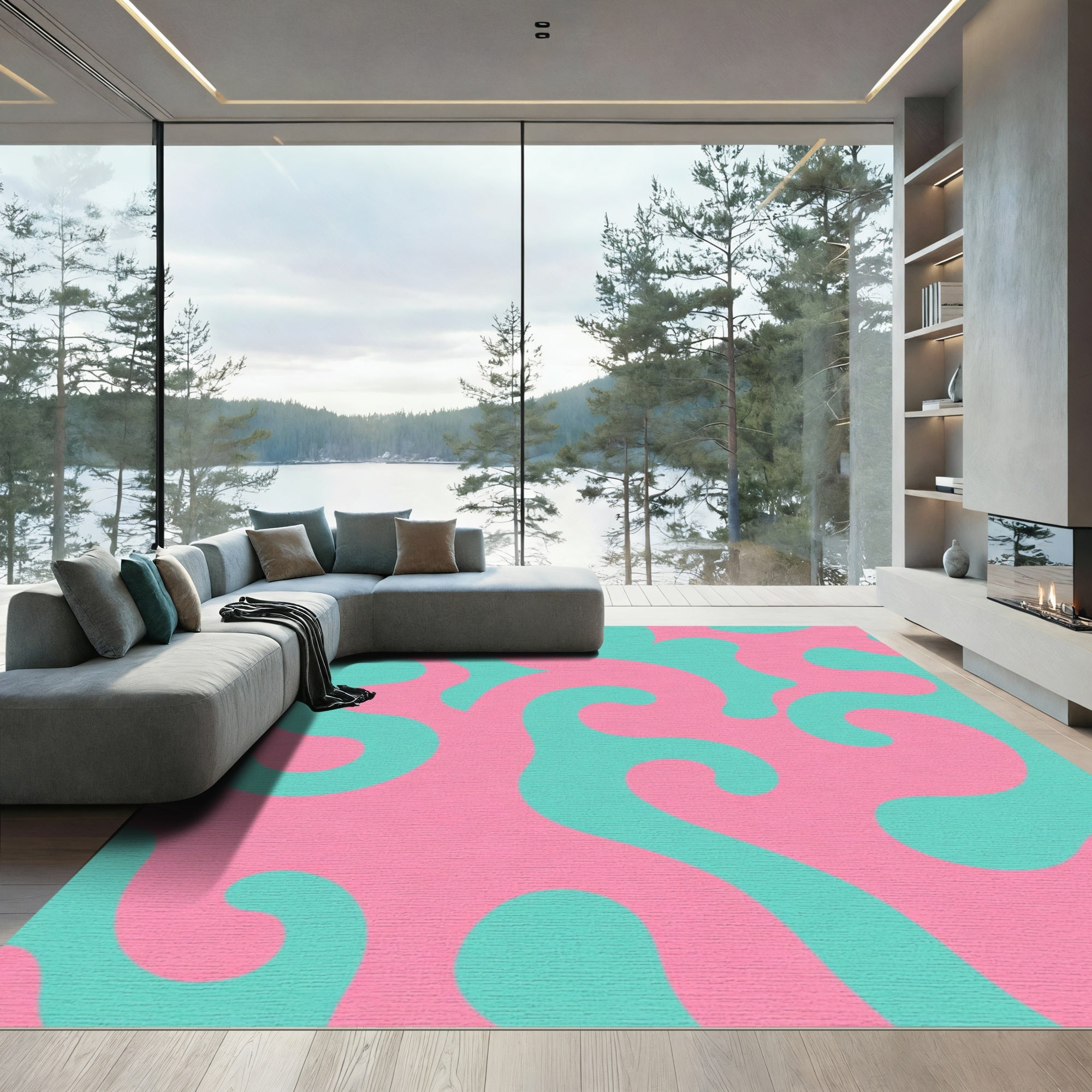Abstract Swirl Aqua Pink Organic Rug