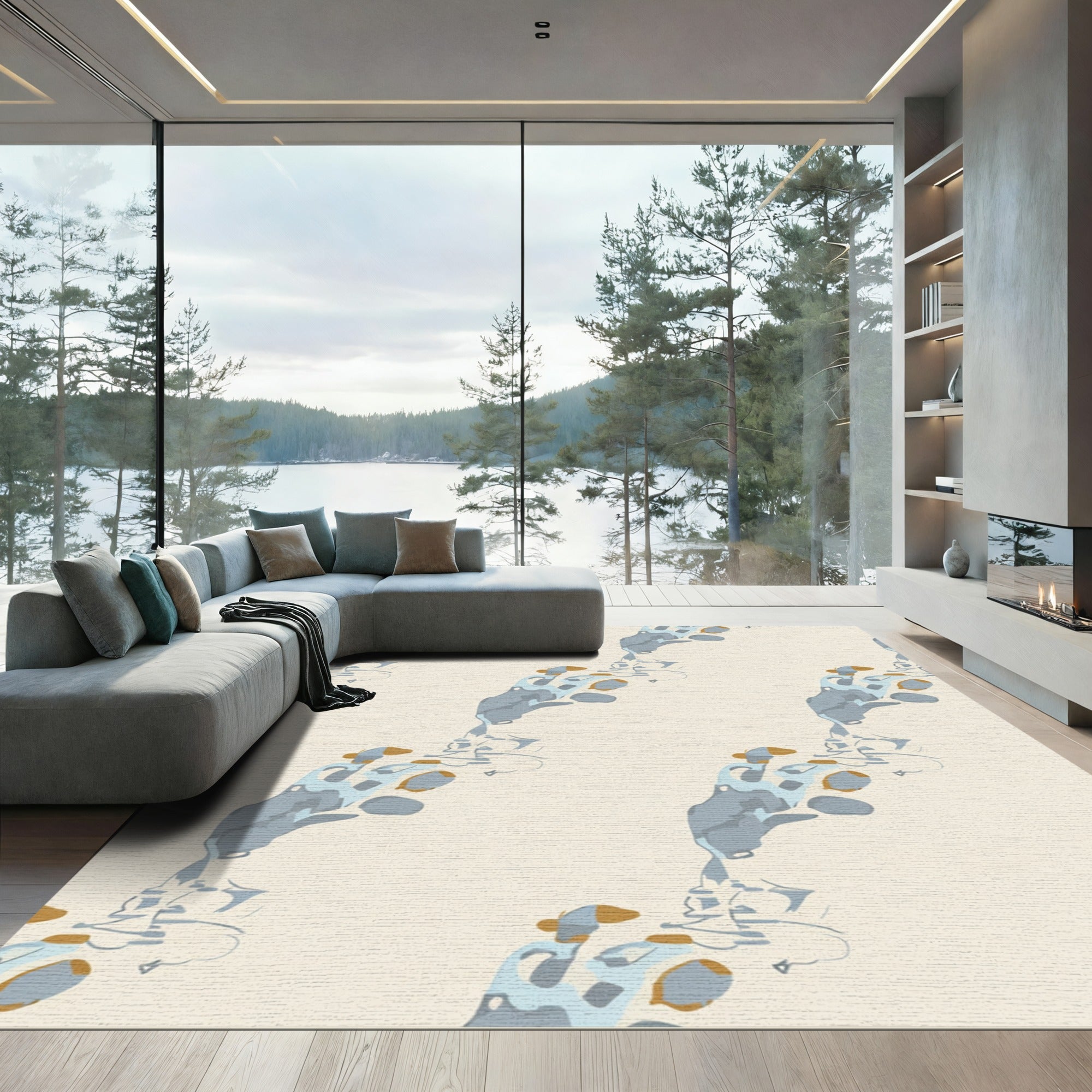 Pale Gray Blue Abstract Ink Splatter Rug
