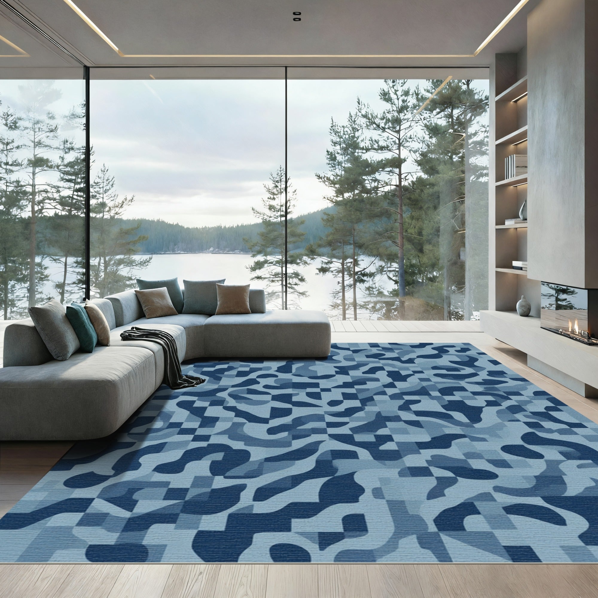 Abstract Blue Camouflage Waves Rug