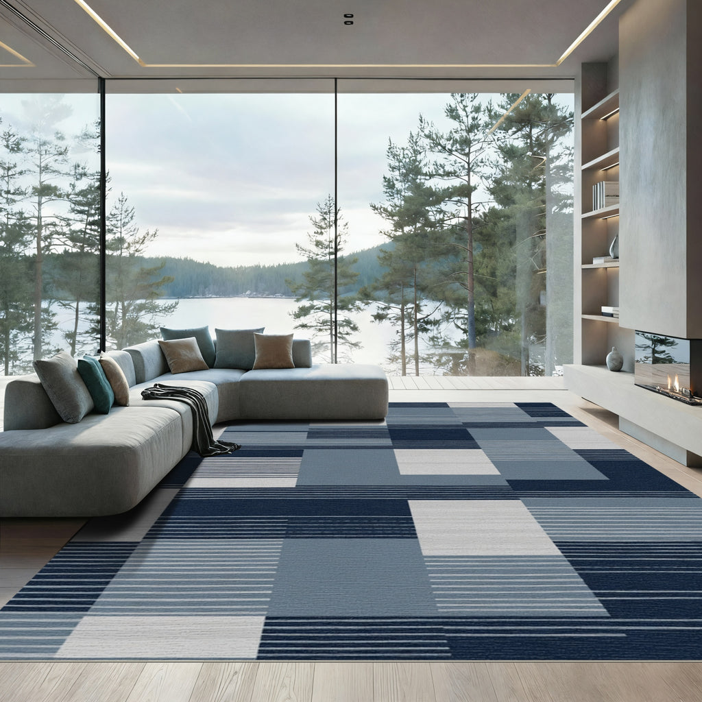 Navy Blue And Gray Rectangular Blocks Rug