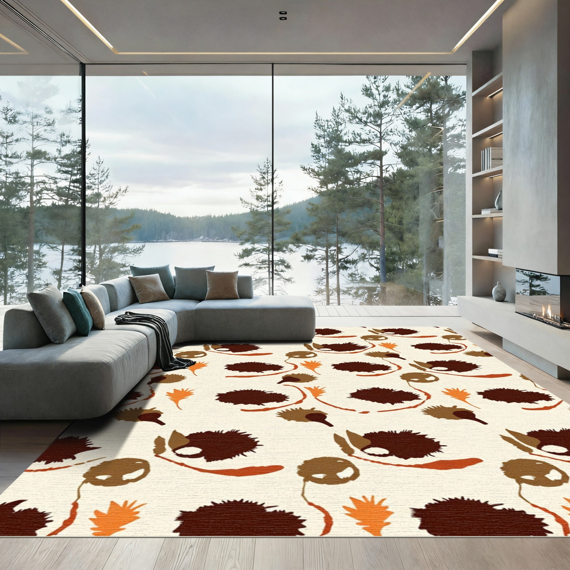 Brown Orange Leafy Abstract Shapes Rug