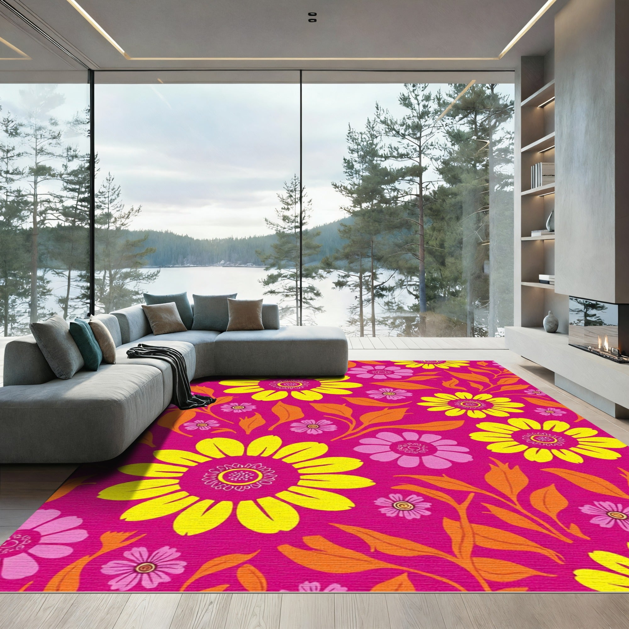 Retro Magenta Yellow Floral Swirl Rug