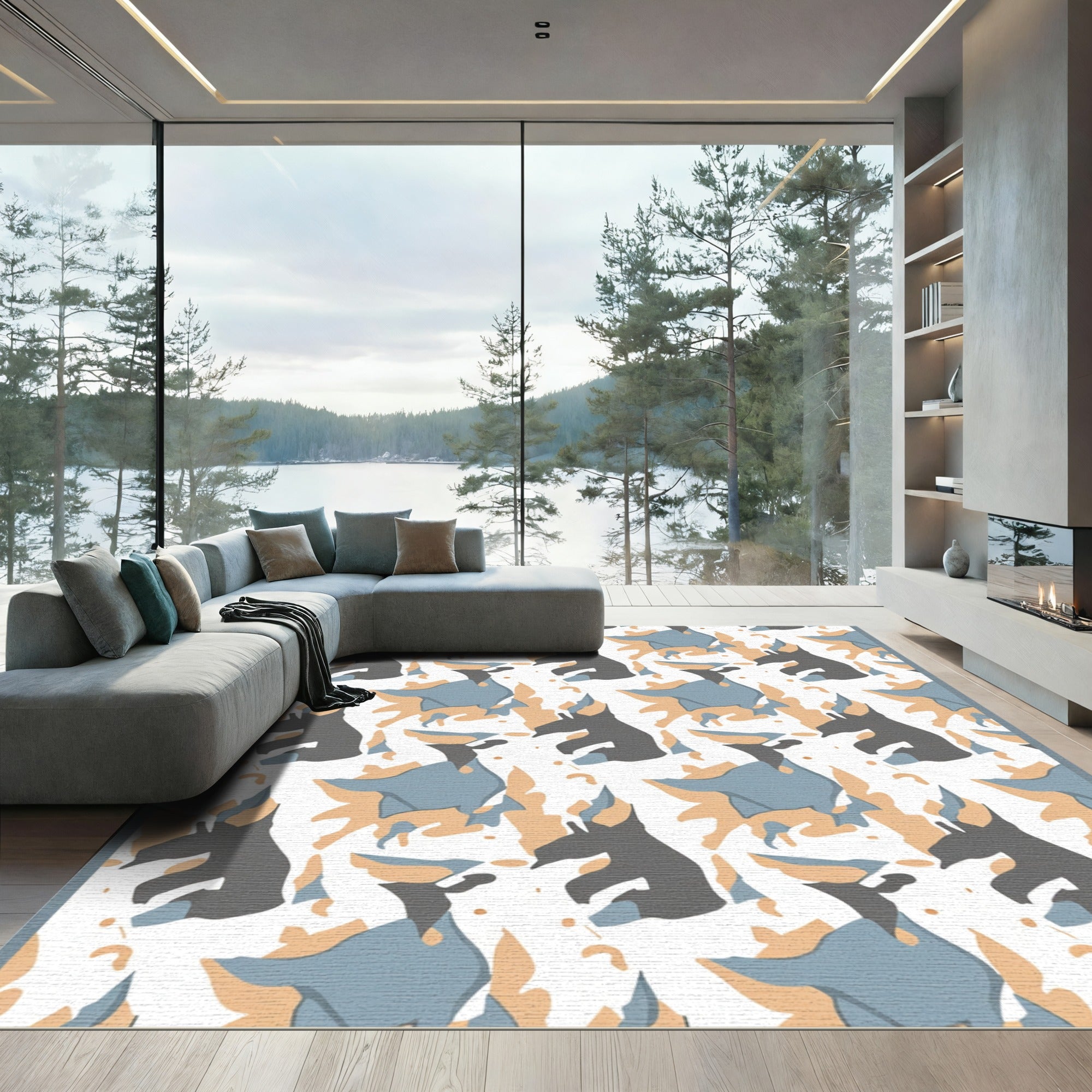 Abstract Grey Blue Tan Camo Animals Rug