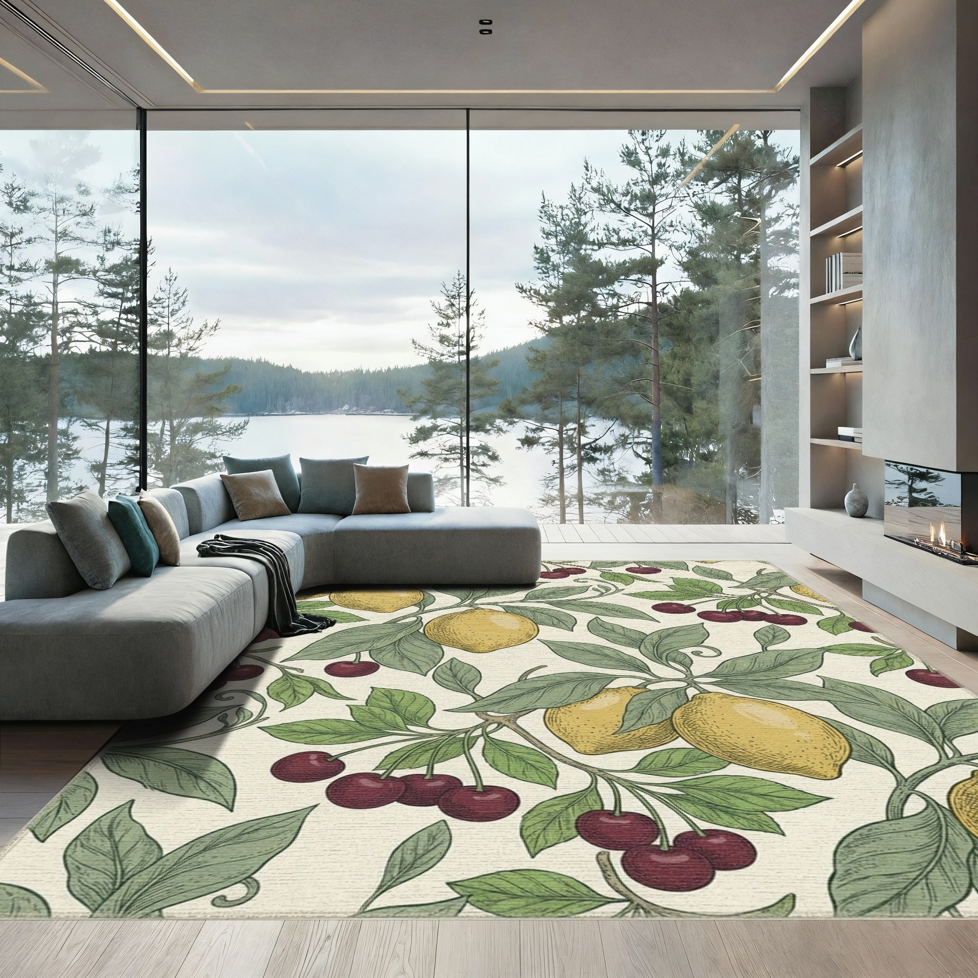 Yellow Lemon Cherry Leaf Branch Rug