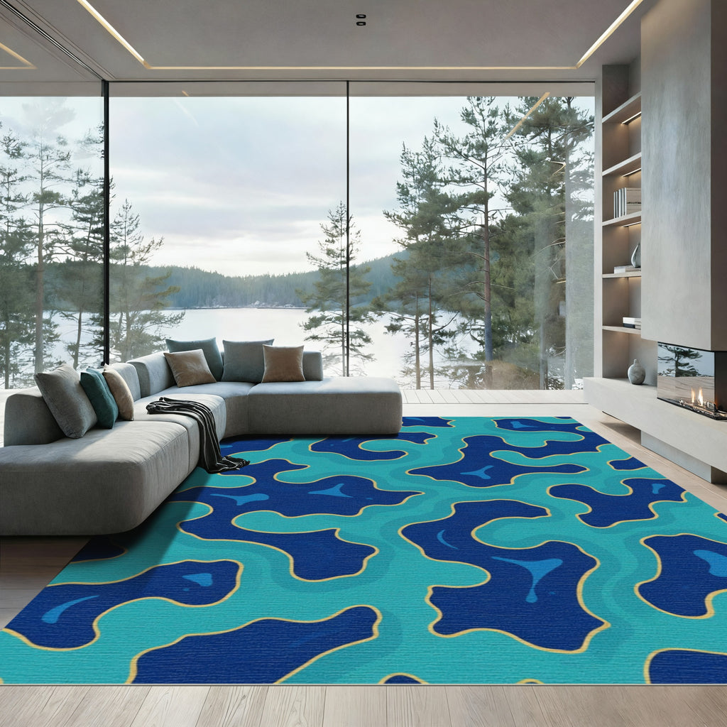 Deep Blue Teal Abstract Organic Flow Rug