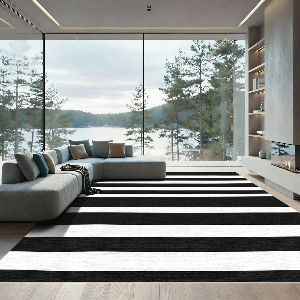 Bold Black And White Parallel Bands Rug