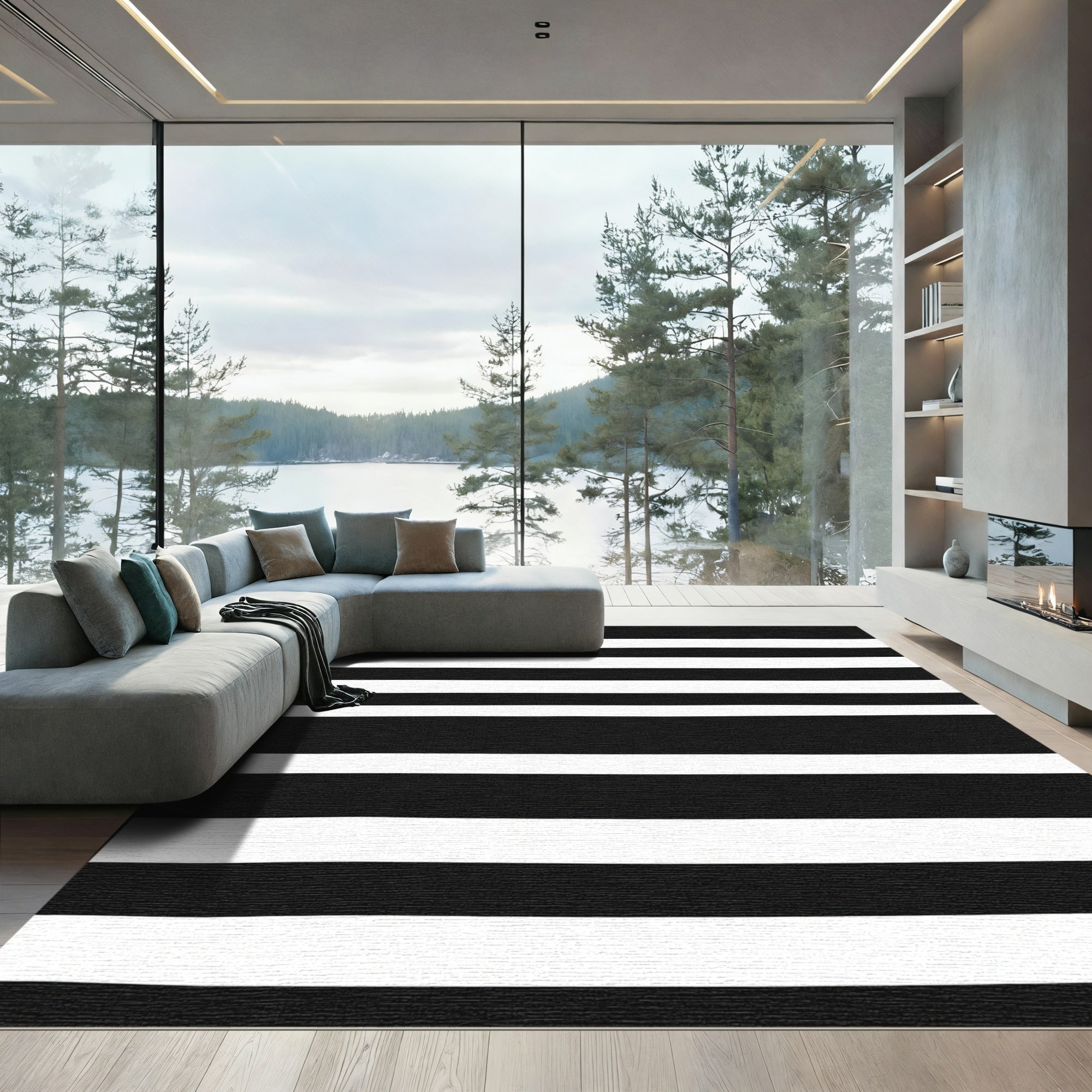 Bold Black And White Parallel Bands Rug