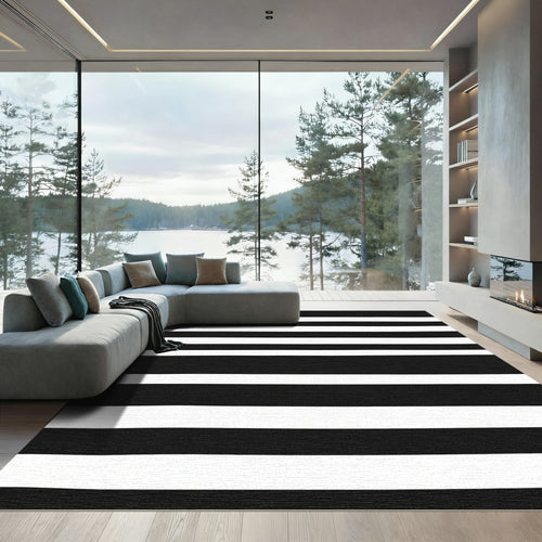 Bold Black And White Parallel Bands Rug