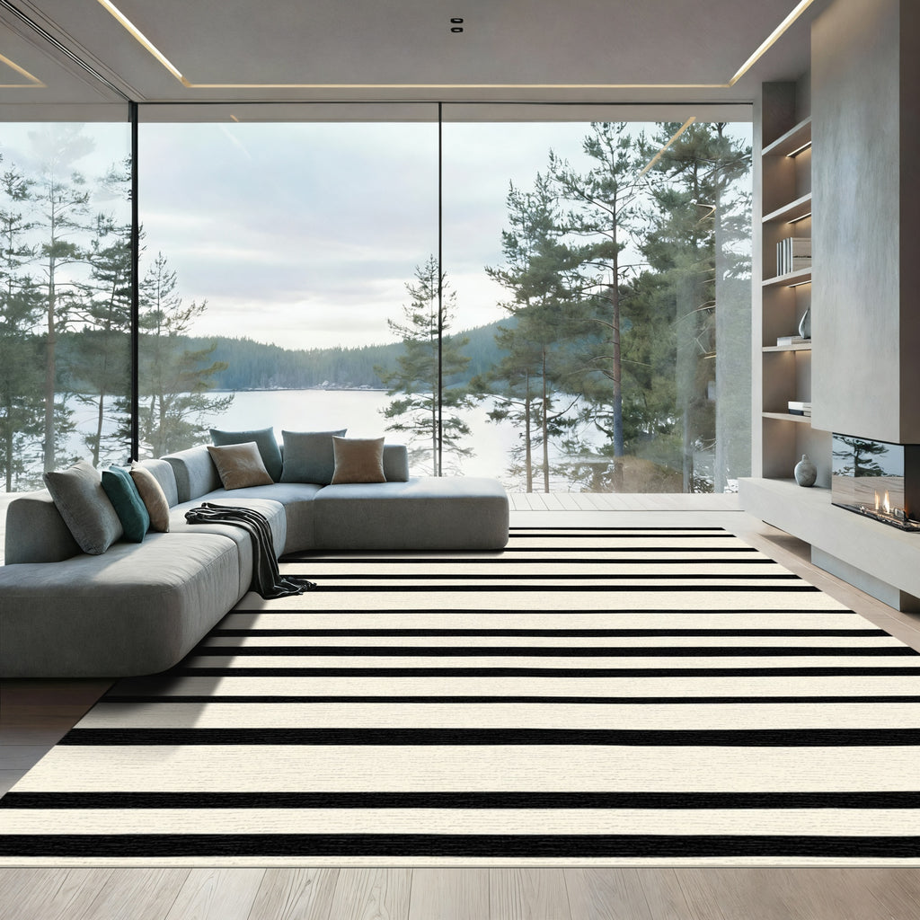 Cream And Black Wide Stripe Rug