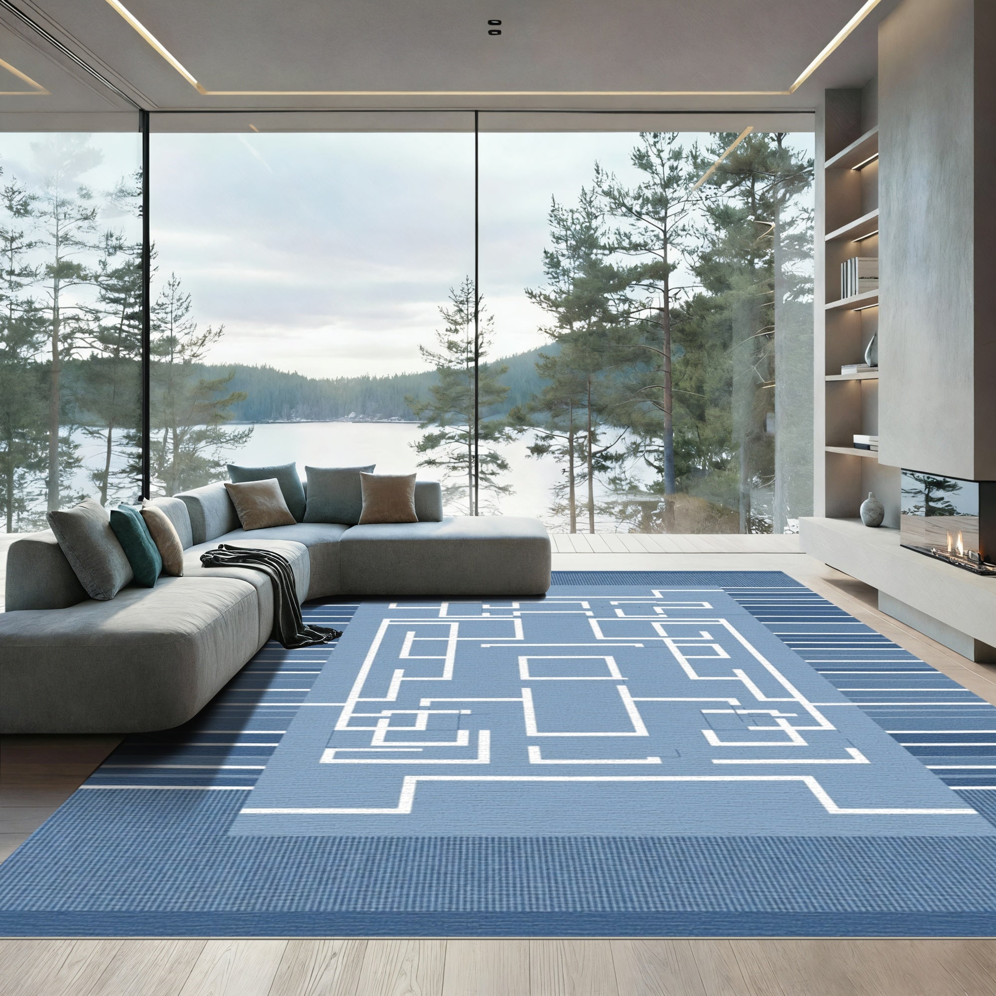 Blue Geometric Labyrinth Abstract Rug