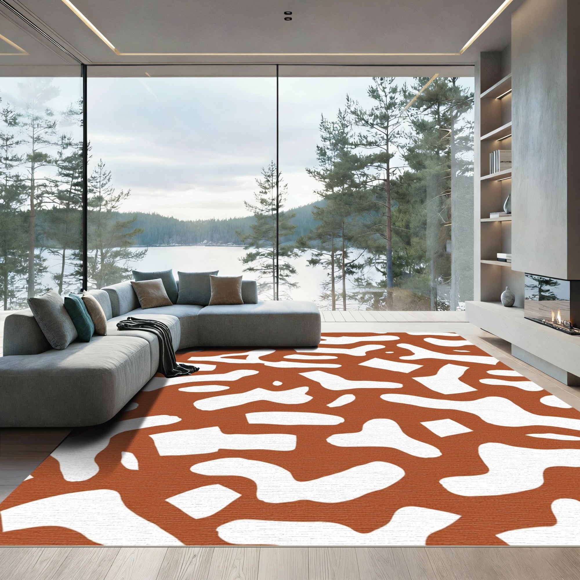 Terracotta White Abstract Organic Shapes Rug