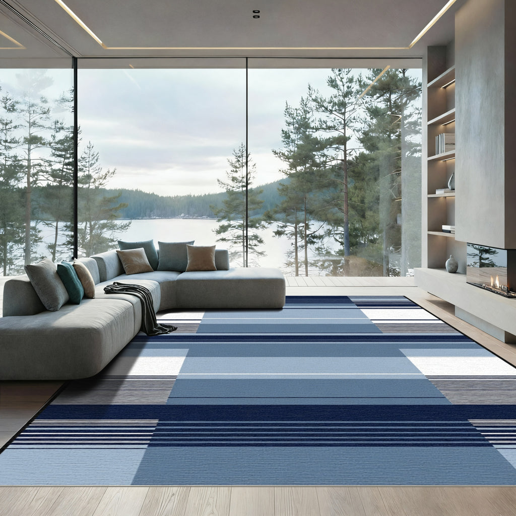 Modern Navy Blue Geometric Stripes Rug