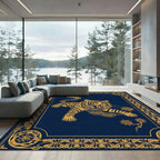 Golden Tiger In Navy Ornate Frame Rug