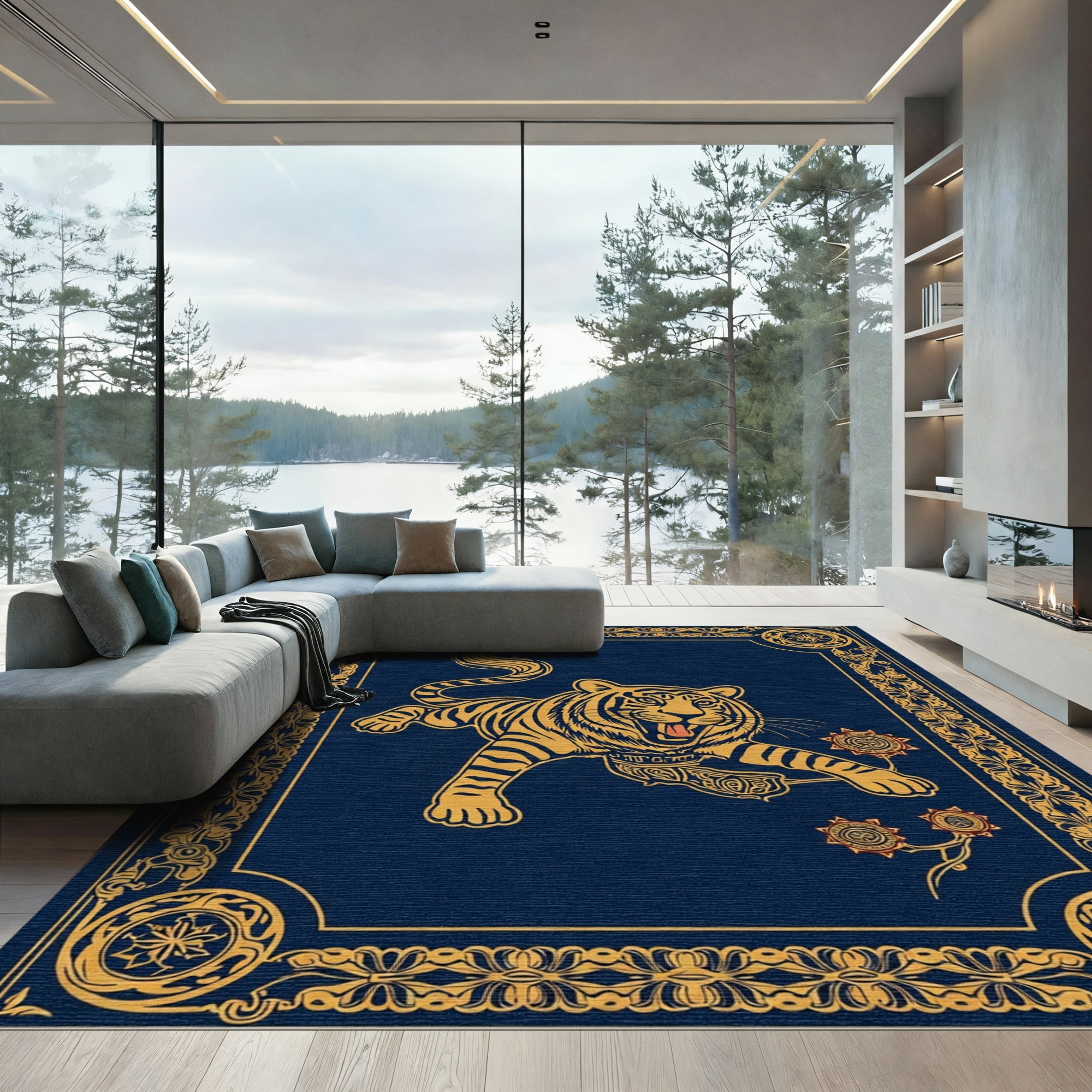 Golden Tiger In Navy Ornate Frame Rug