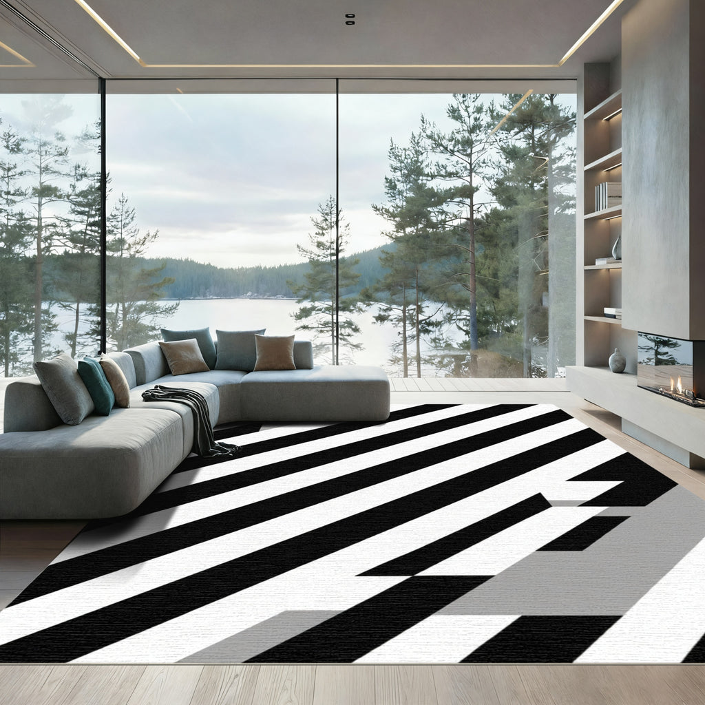Bold Black White Angled Stripe Rug
