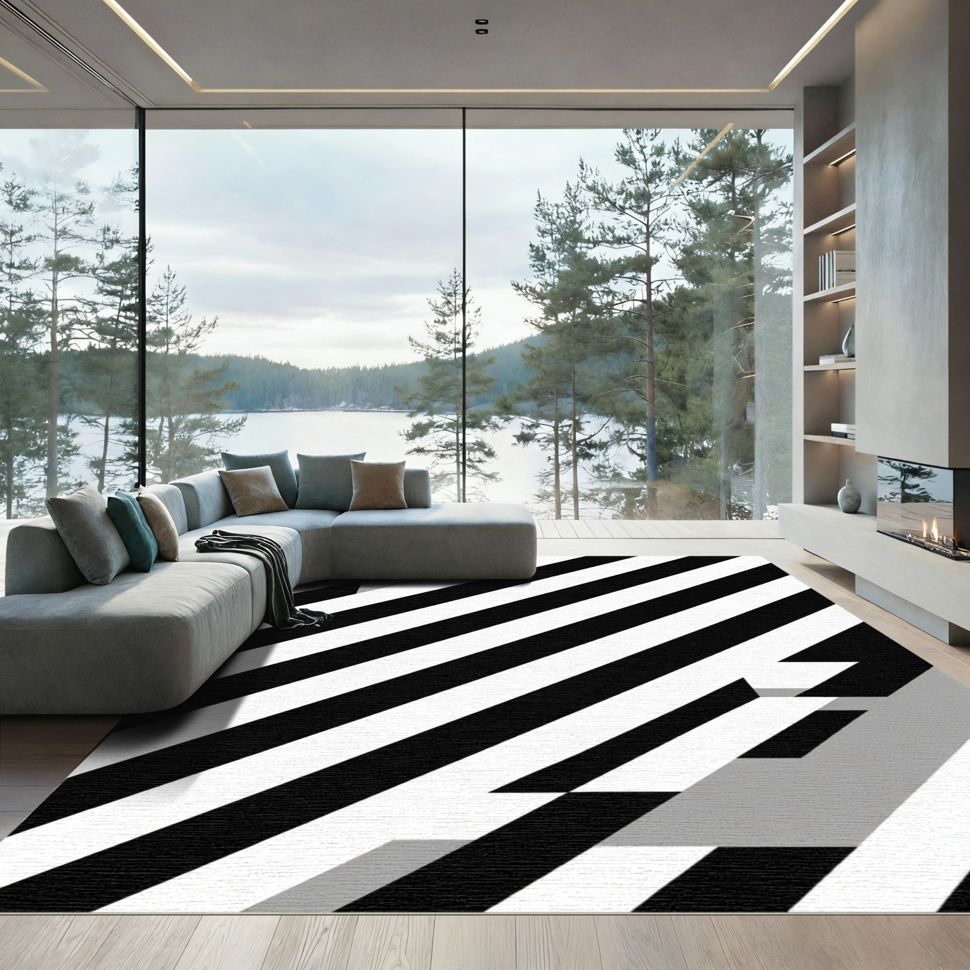 Bold Black White Angled Stripe Rug