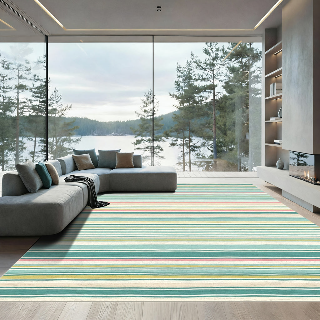 Aqua Blush Cream Striped Lines Rug