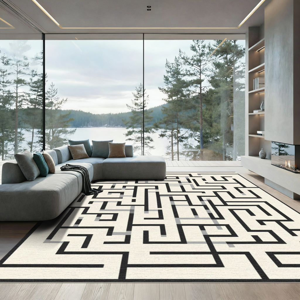 Black Gray Maze Geometric Rug