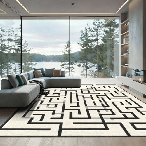 Black Gray Maze Geometric Rug