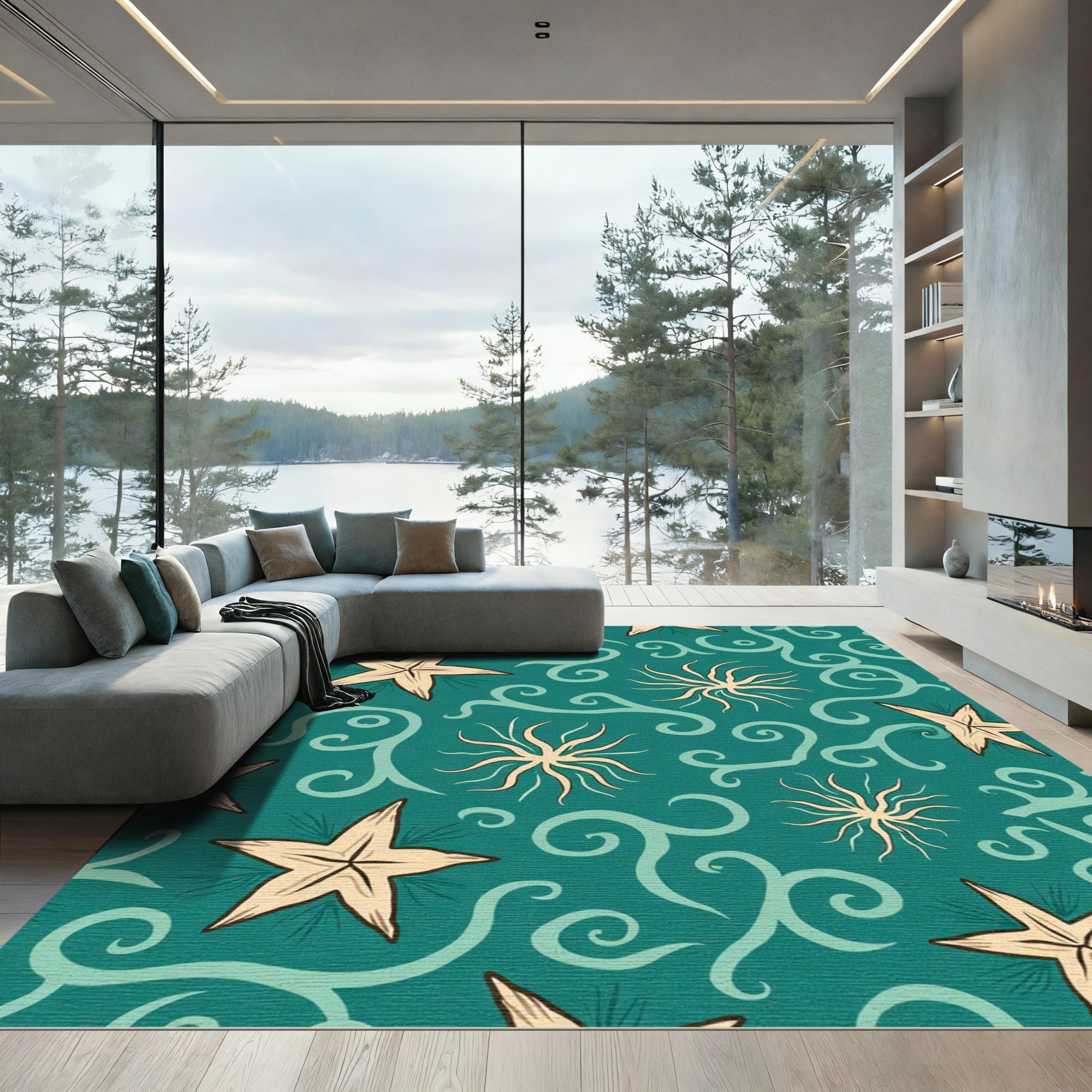 Teal Starfish Swirl Coastal Rug