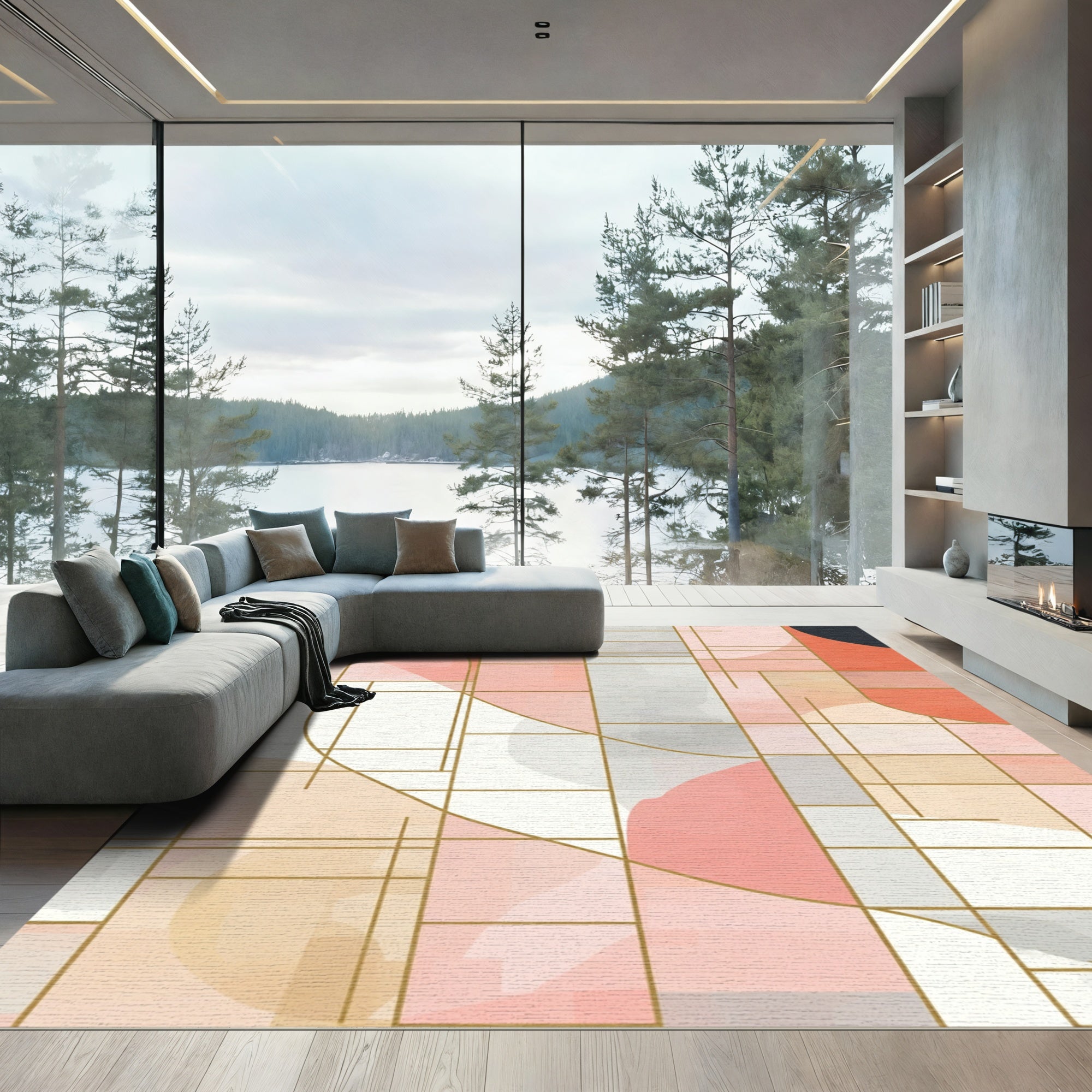 Geometric Coral Blush Abstract Shapes Rug