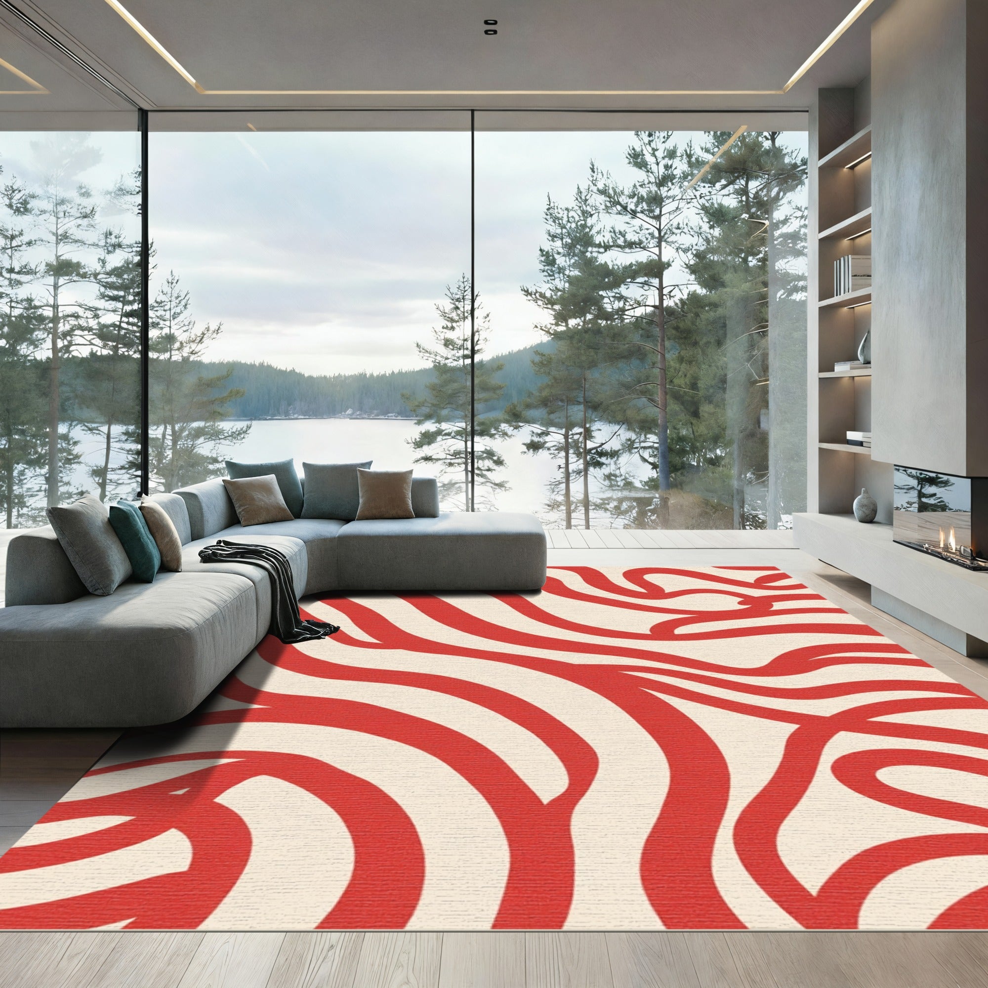 Crimson Red Wavy Lines Rug