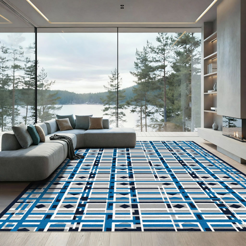 Modern Blue Gray Geometric Lattice Rug