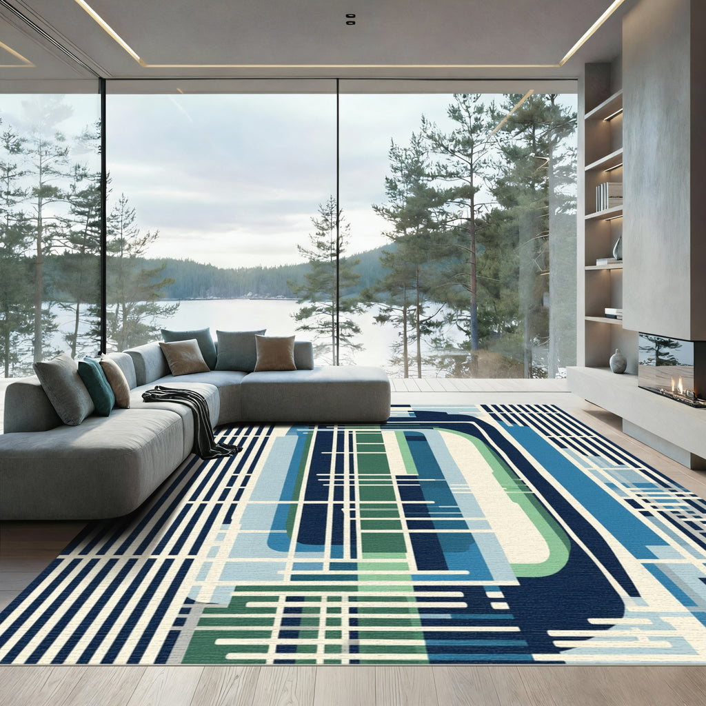 Deep Blue Abstract Geometric Lines Rug