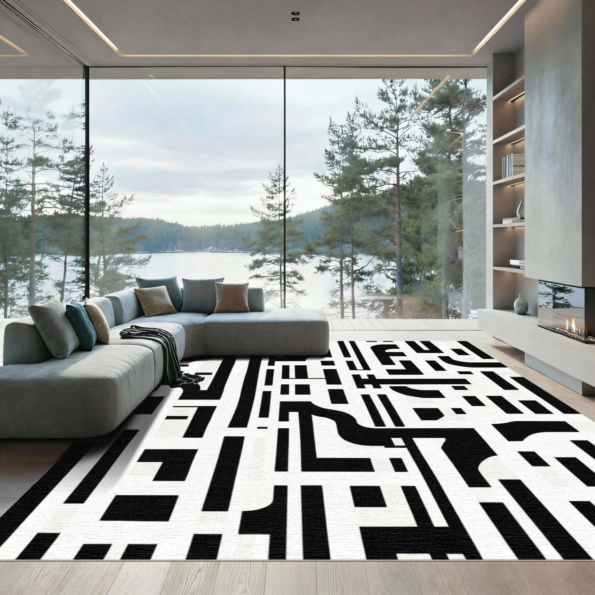 Monochrome Asymmetrical Abstract Lines Rug