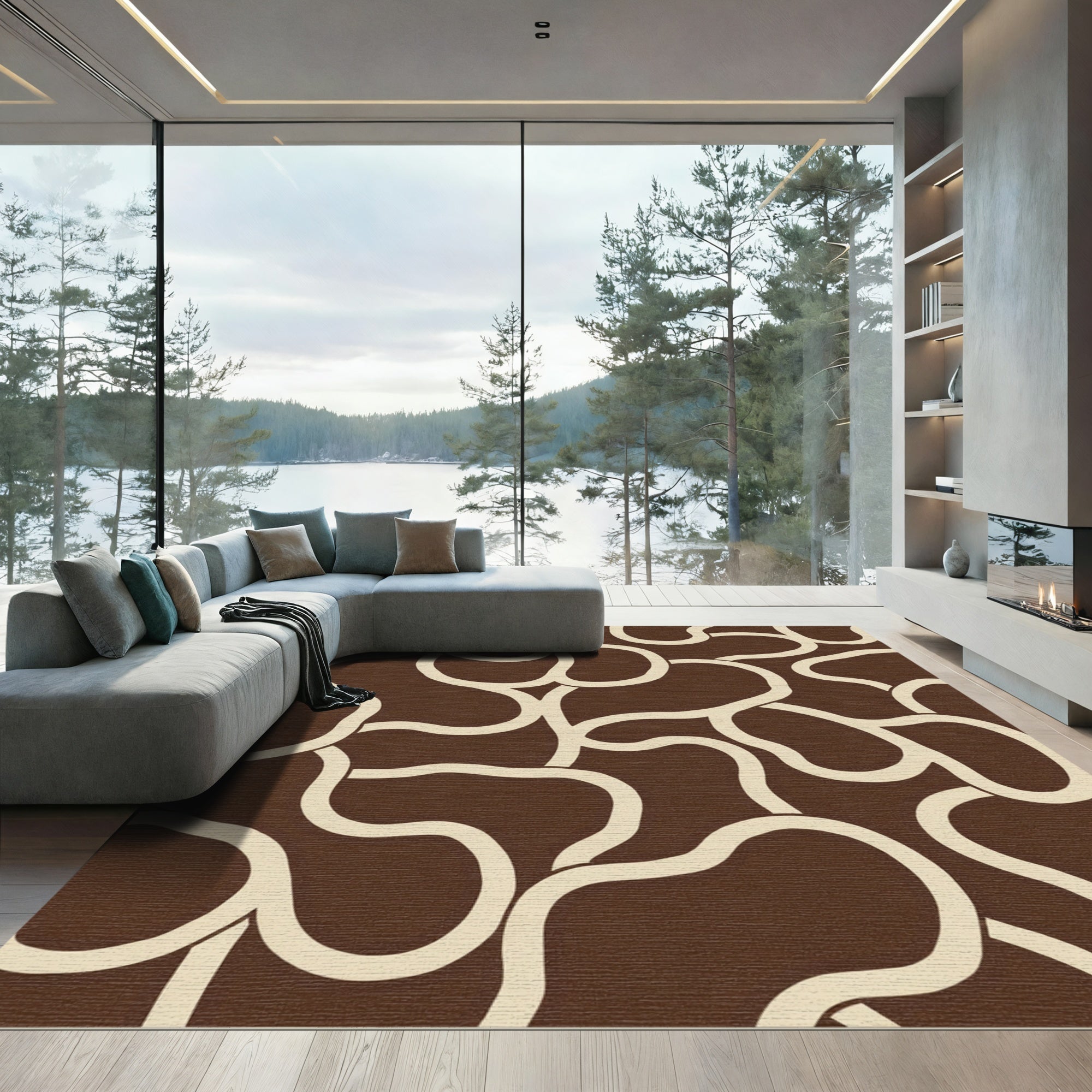 Brown Cream Organic Abstract Flow Rug