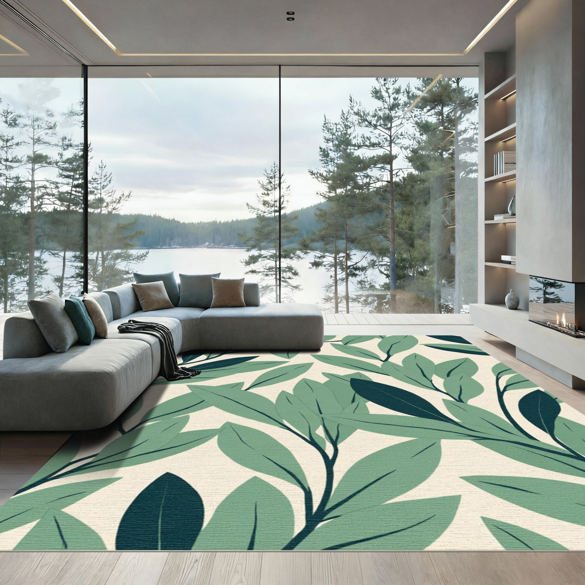 Earthy Green Leaf Branches Botanical Rug