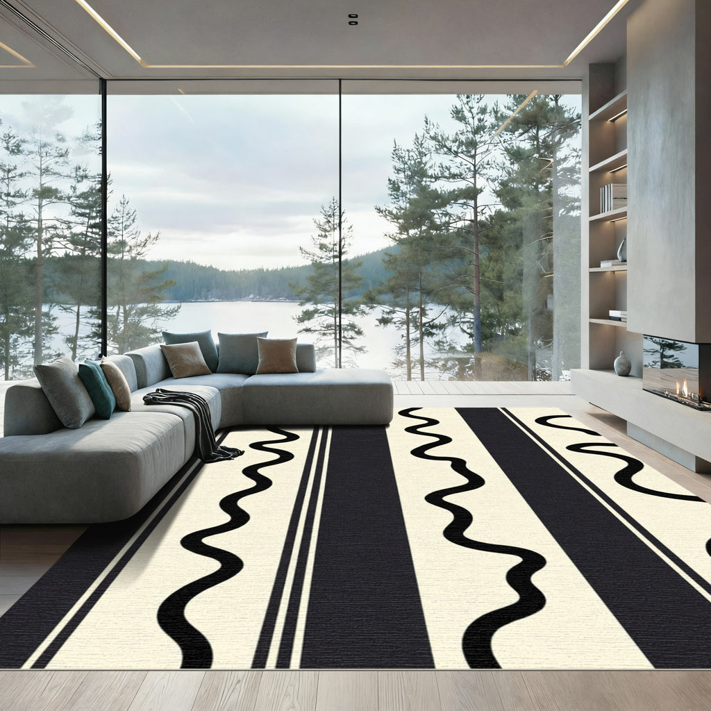 Cream Black Wavy Stripe Rug