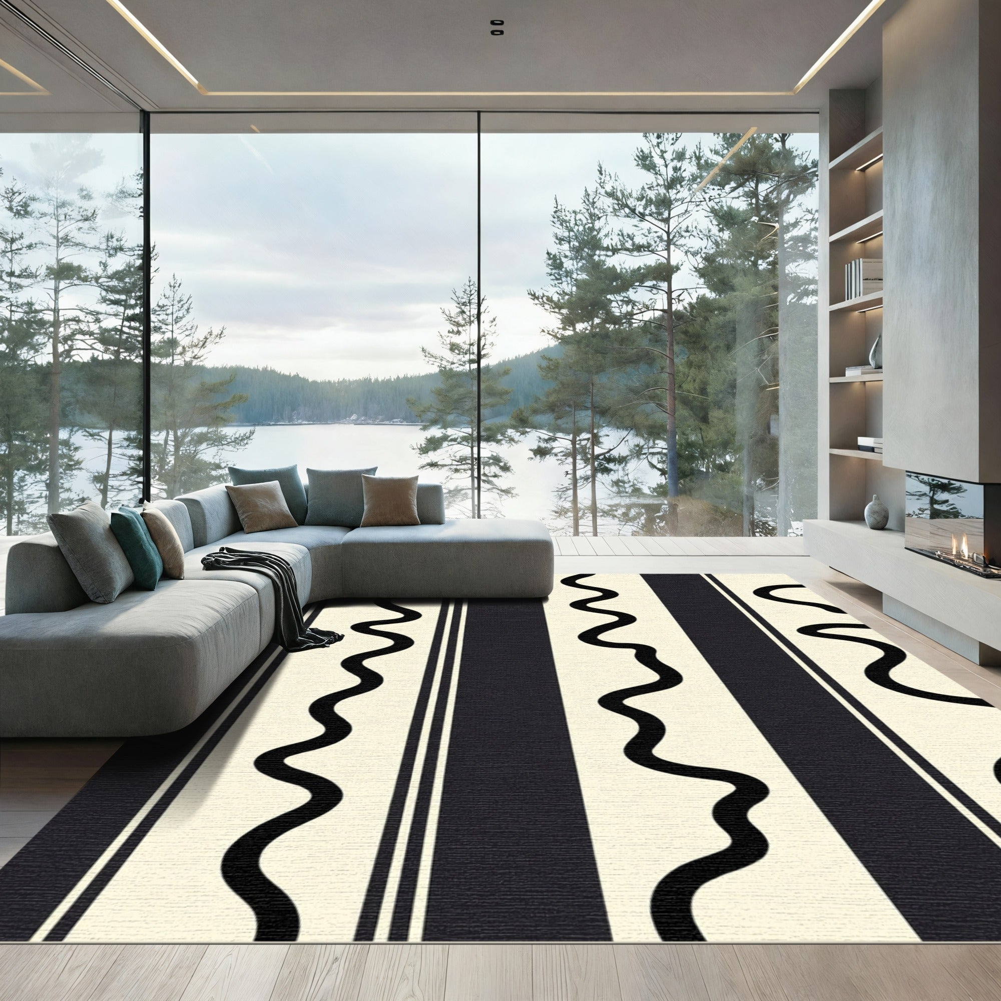 Cream Black Wavy Stripe Rug