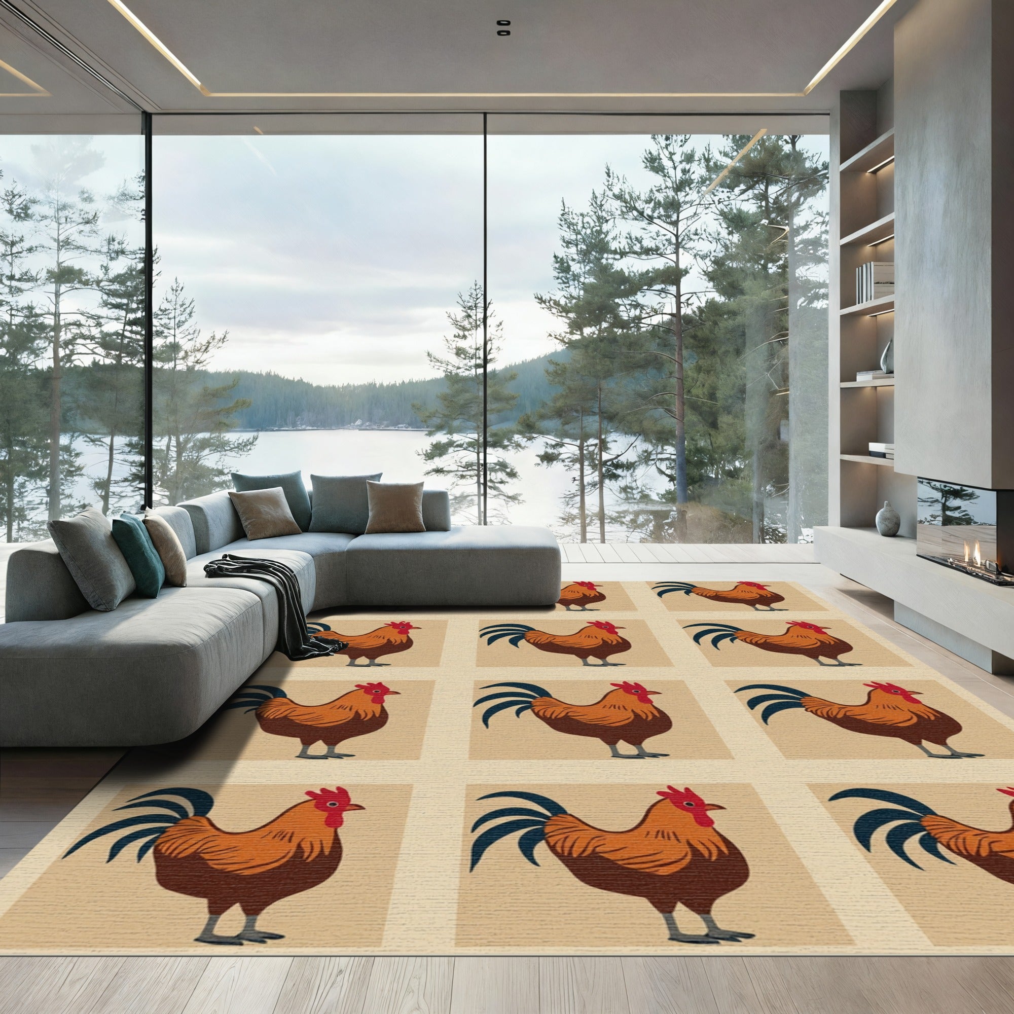 Retro Brown Rooster Repeat Rug