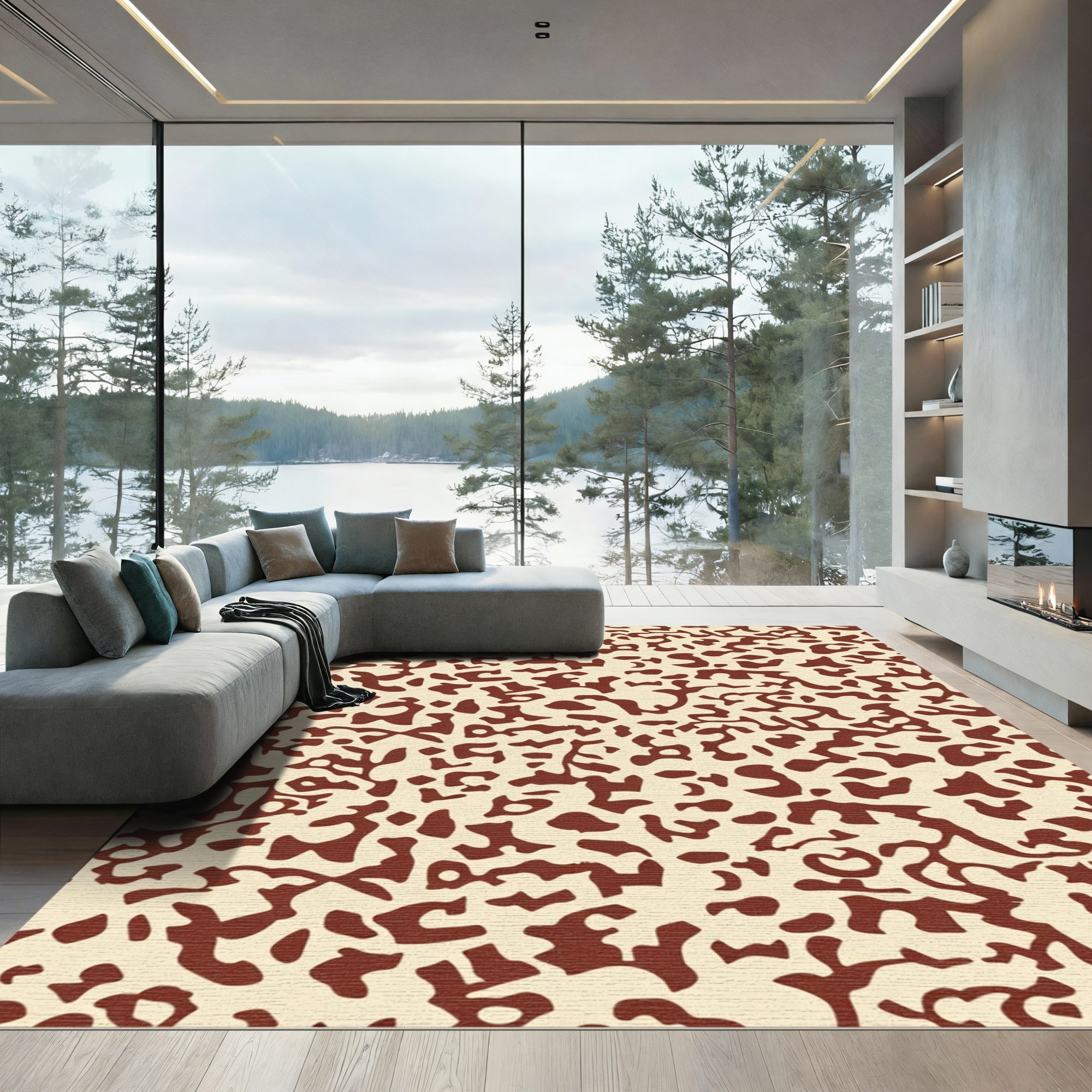 Abstract Burgundy Organic Cream Form Rug
