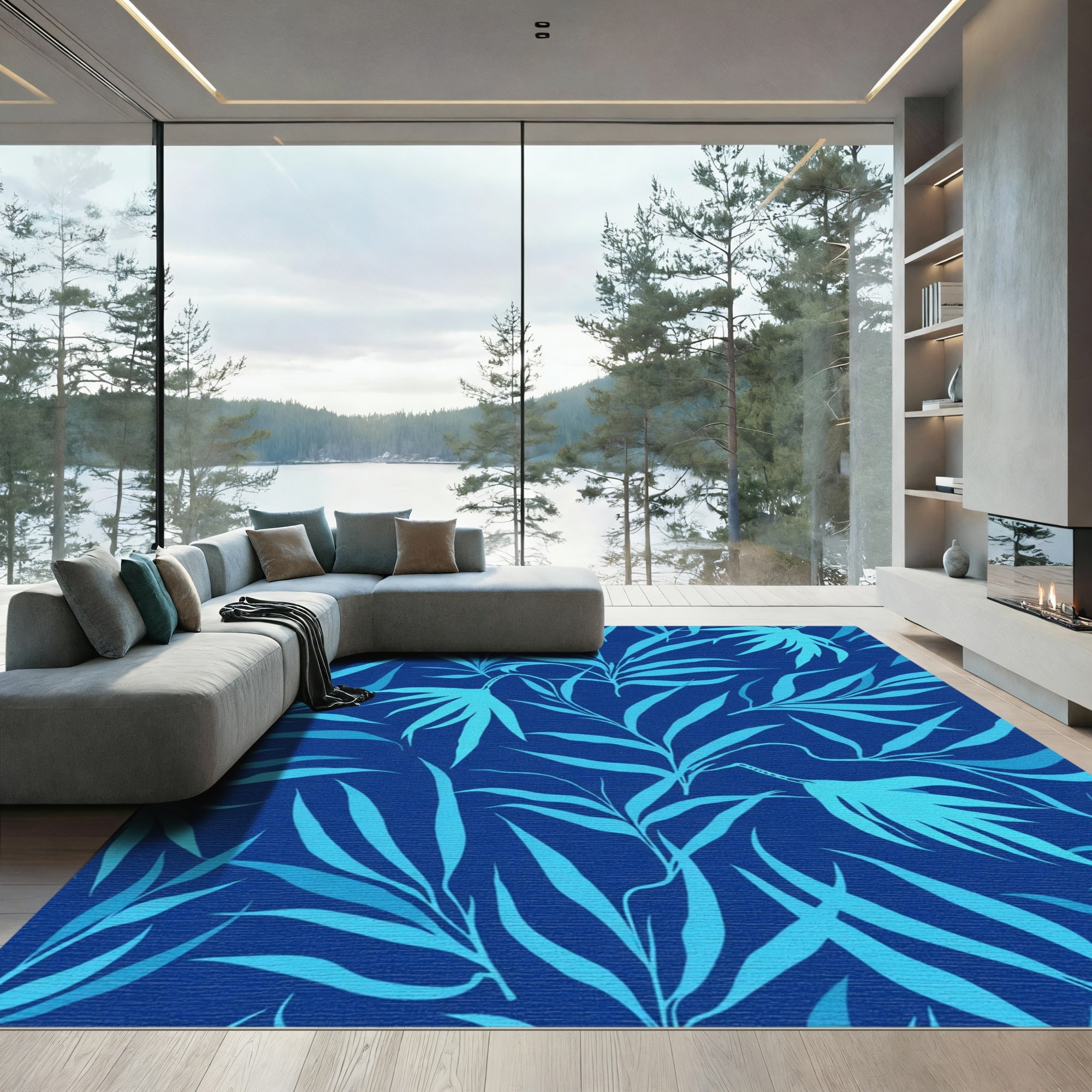 Deep Blue Tropical Leaf Foliage Rug