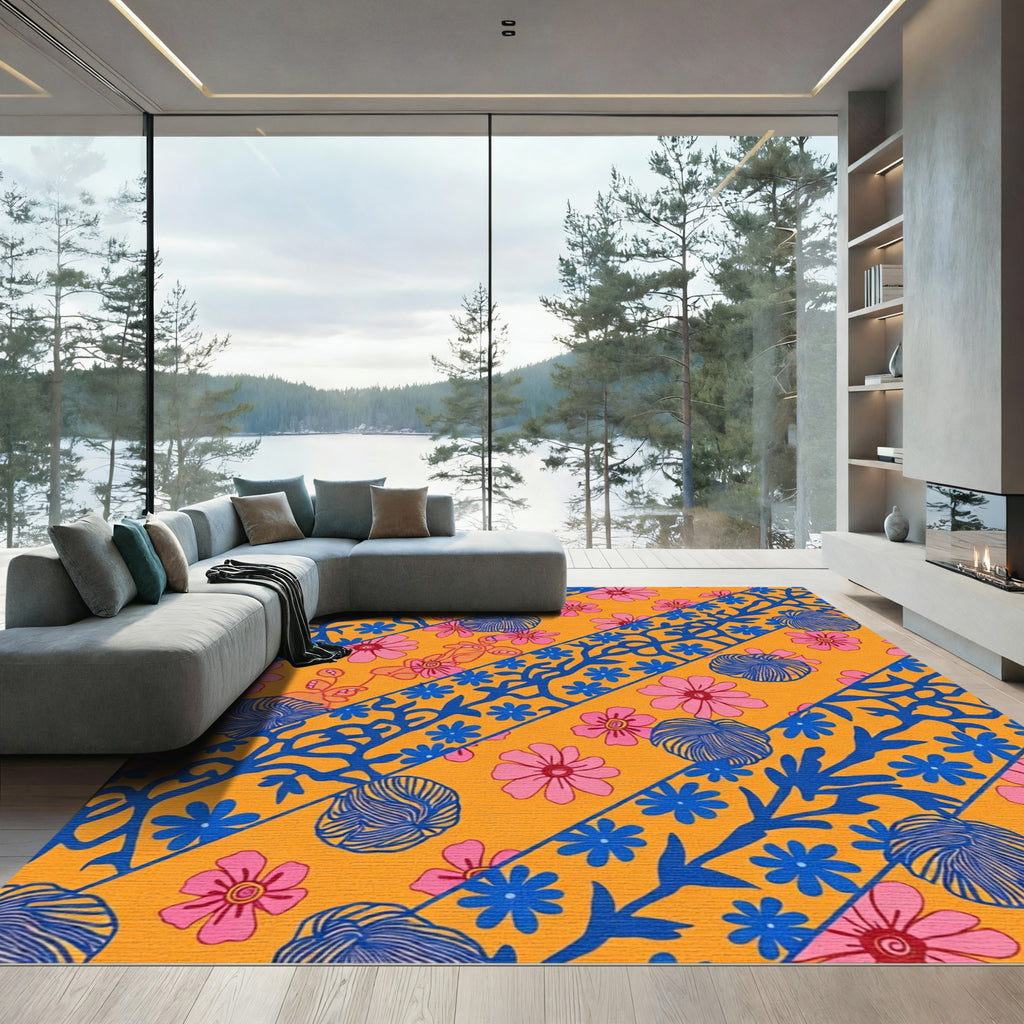 Orange Pink Blue Floral Diagonal Bands Rug
