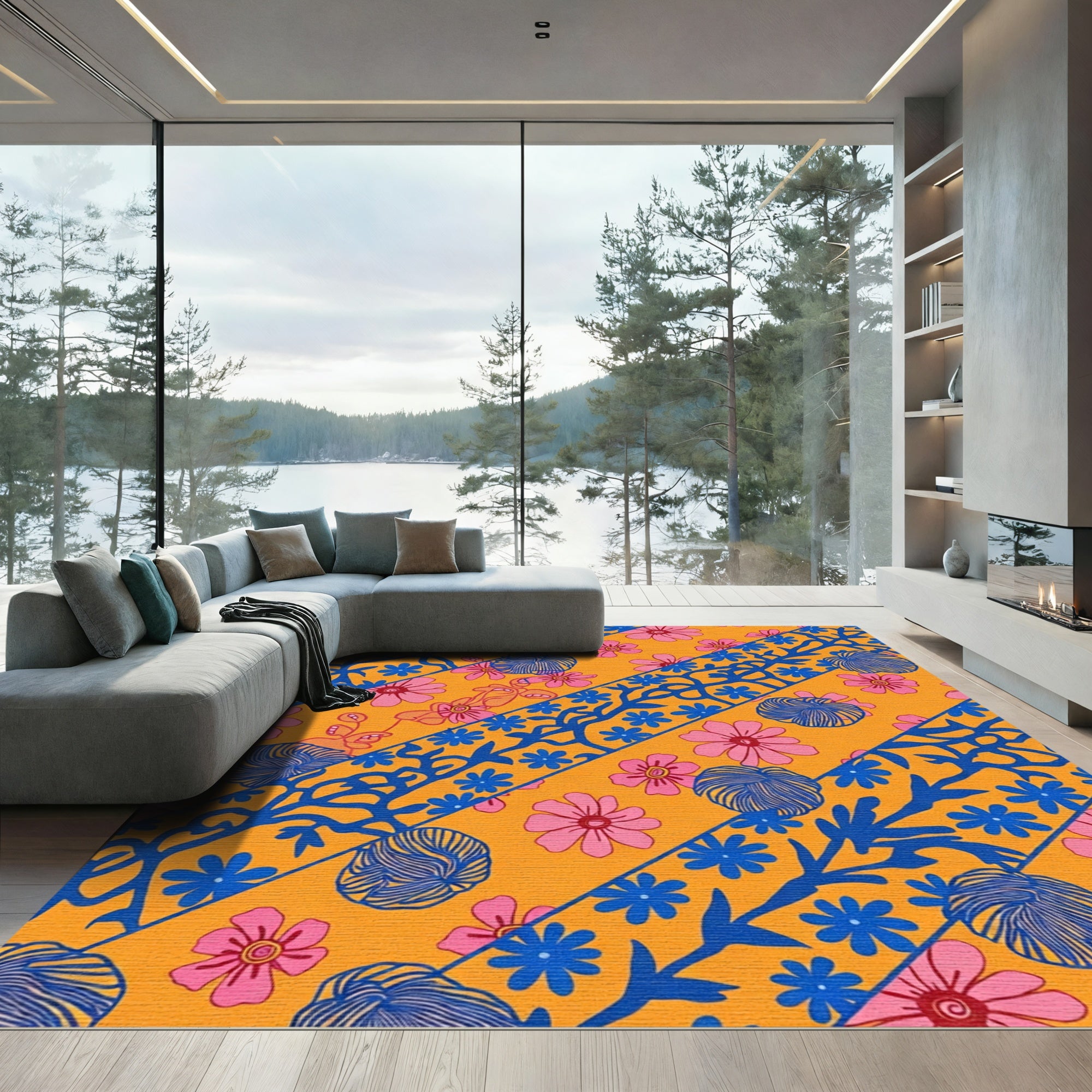 Orange Pink Blue Floral Diagonal Bands Rug