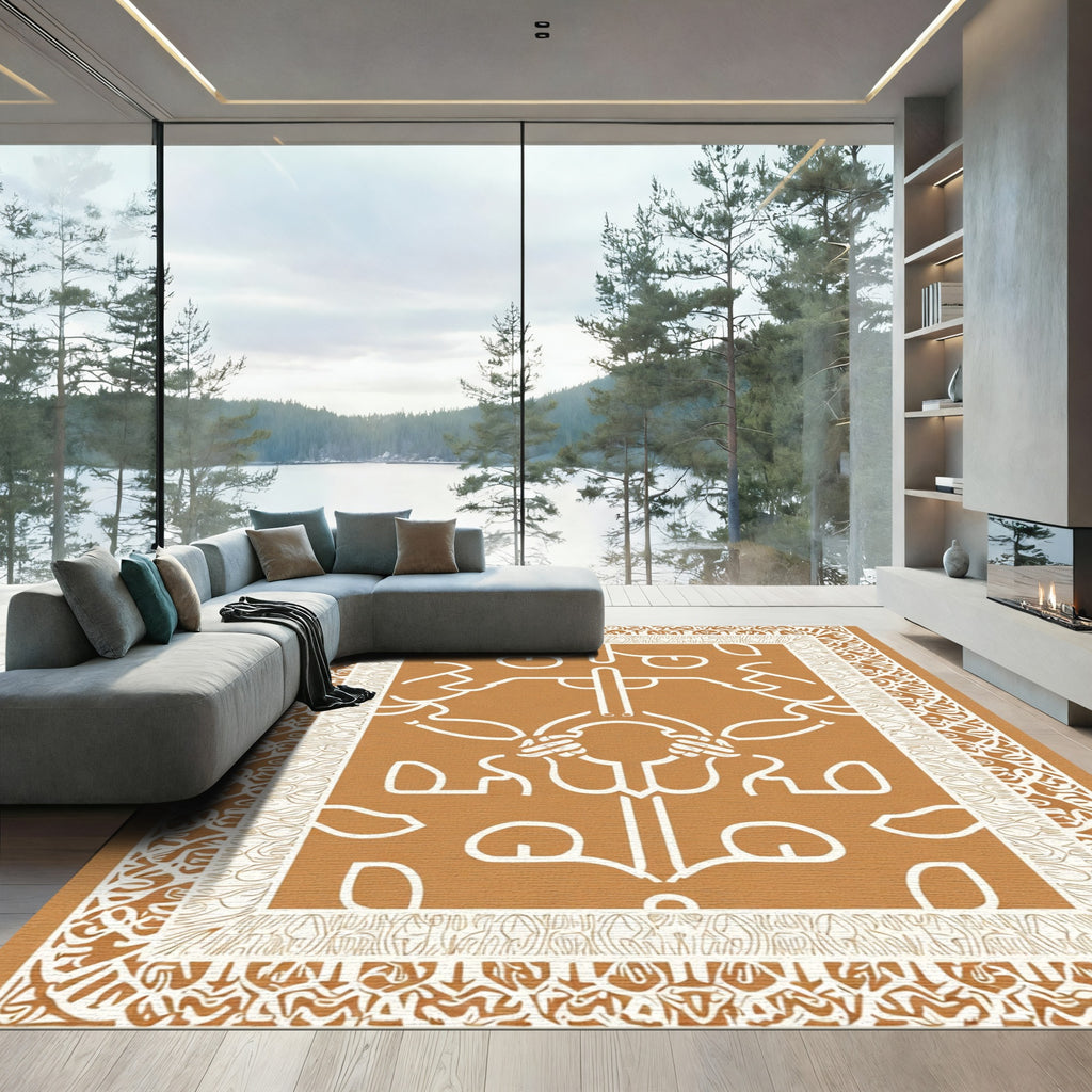 Rustic Ochre White Abstract Line Art Rug
