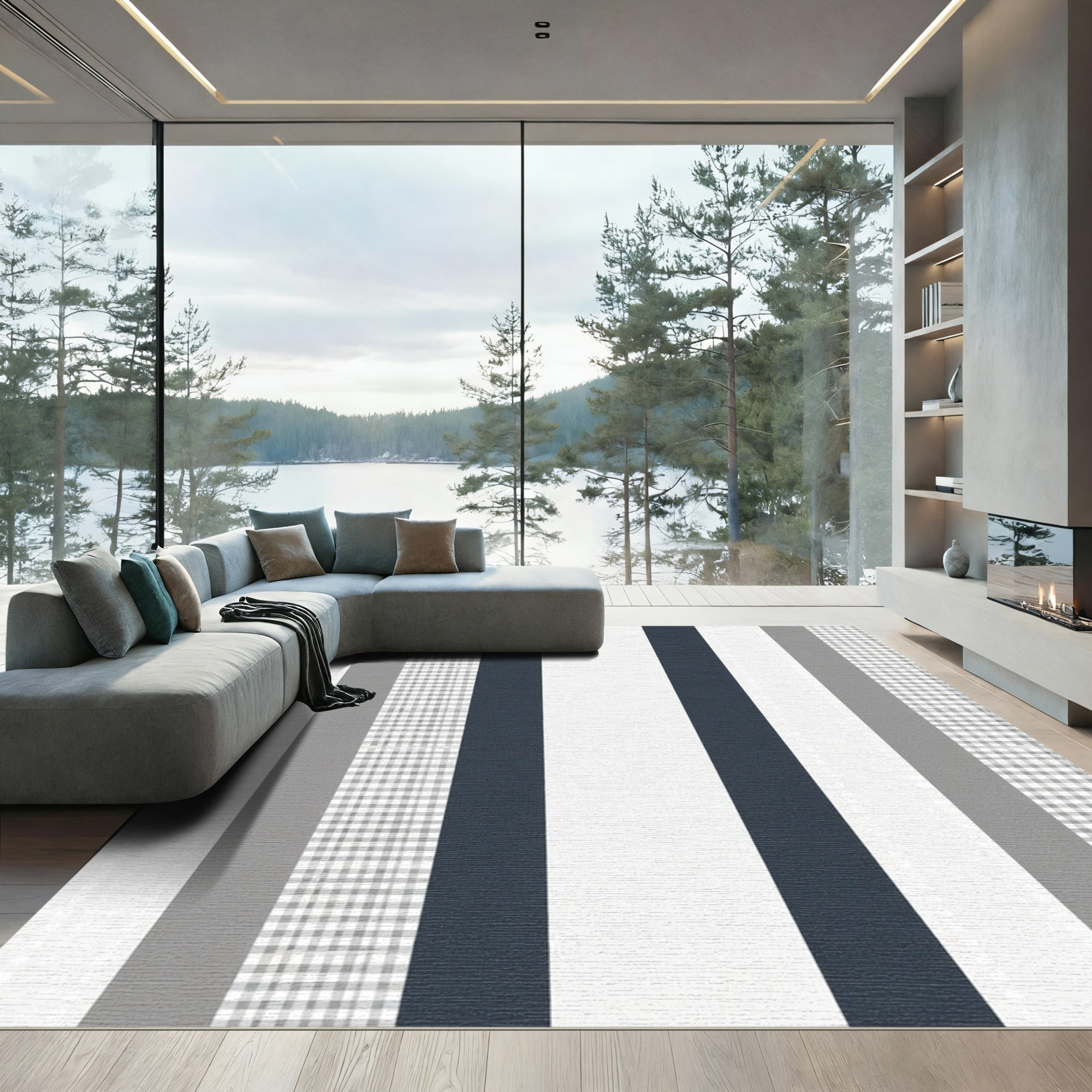 Modern Navy White Gray Stripe Gingham Rug