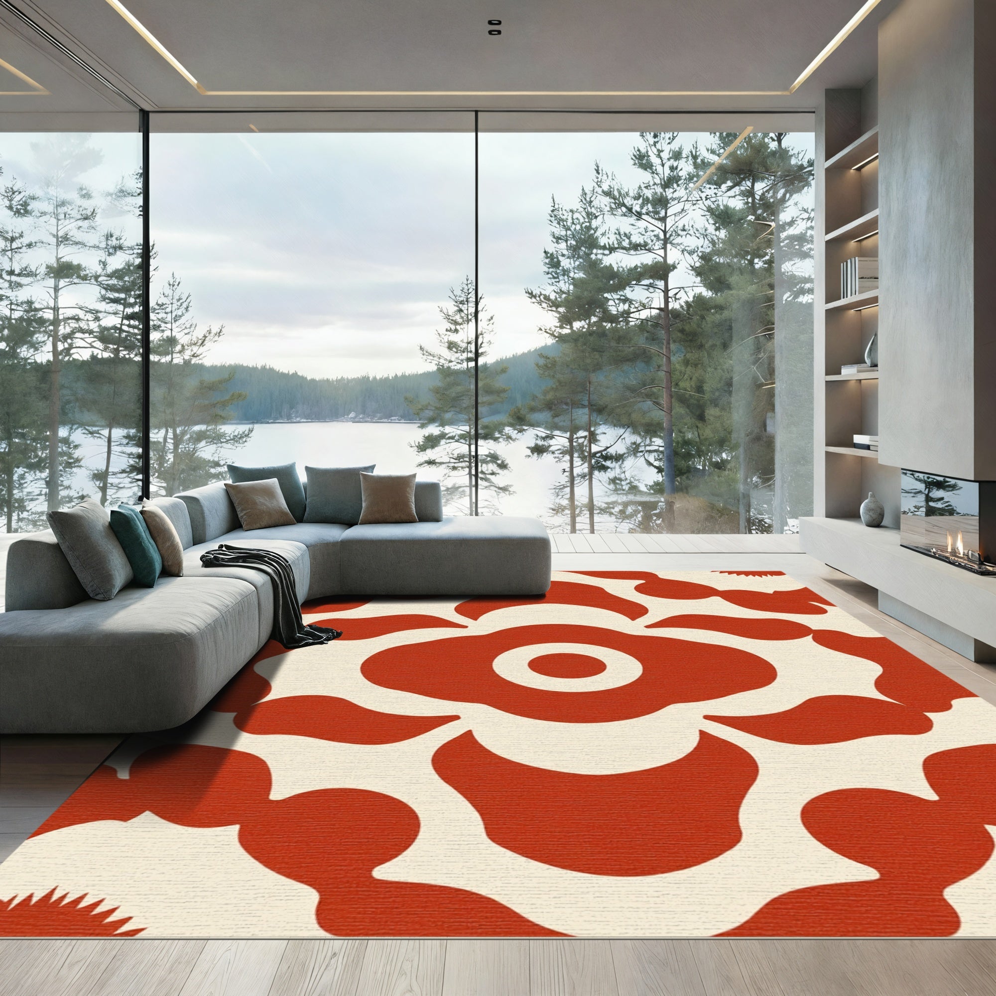 Bold Red Floral Concentric Circles Rug
