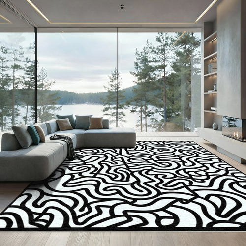 Black White Abstract Continuous Line Rug