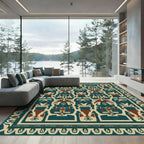Deep Teal Brown Geometric Figural Rug