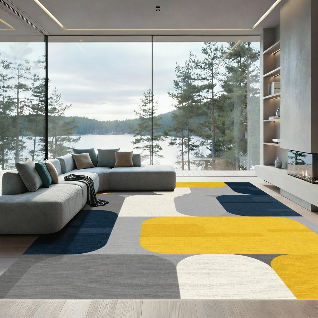 Mid-Century Block Yellow Gray Navy Rug