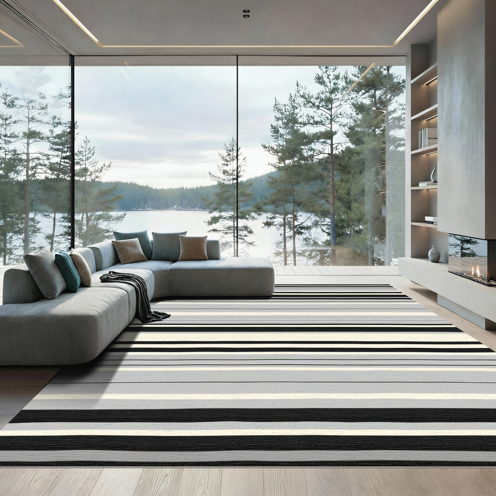 Minimalist Gray Black Cream Striped Rug