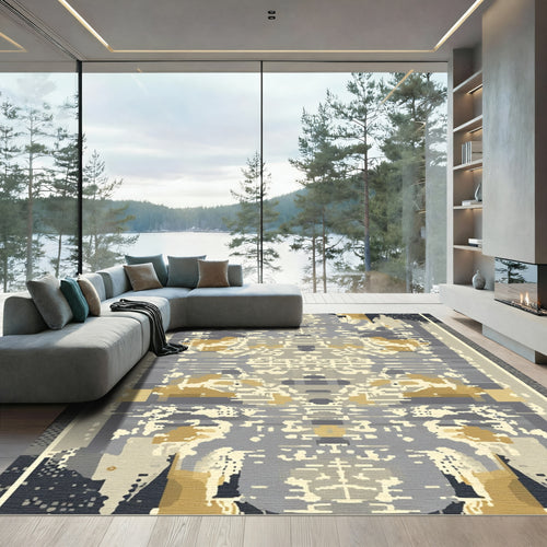 Abstract Gold Grey Pixelated Tapestry Rug